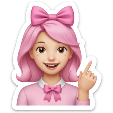 Chica sonriendo con un lazo rosa en la cabeza y mordiendose la punta del dedo indice con delicadeza y la otra mano que no salga sticker