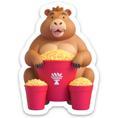Muscular capybara with bulging muscles sitting in a KFC bucket sticker