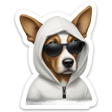 Dog with a hoodie and black sunglasses with a Glock sticker
