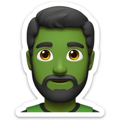 a medium and brown beard man with green eyes and black t-shirt sticker