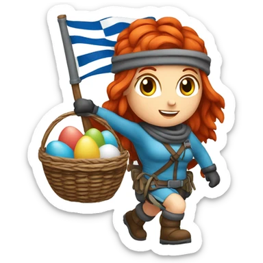 Female winter mountaineer red hair white skin climbing with Greek Flag and Easter eggs basket sticker