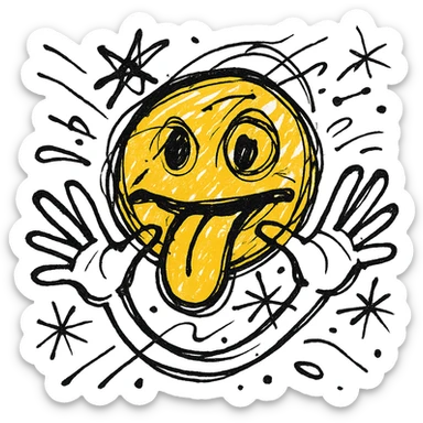 yellow emoji face sticking out tongue, both hands flat and horizontal across face, fingers spread, playful and chaotic energy sticker