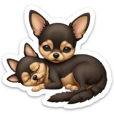 A high-resolution photo-realistic digital illustration of a cute black and tan chihuahua with eyes closed shut sleeping lazily on the ground sticker