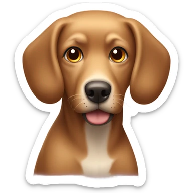 Brown dog with big old head and brown playful eyes wearing a blonde wig with bangs sticker