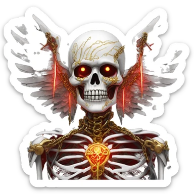 White skeleton zombie person covered in golden chains and black graffiti scribbles and red and silver doodles wings made of neon lightning snowing snowflakes sticker