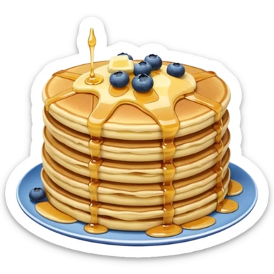 Tall stack of pancakes with butter blueberries and syrup sticker