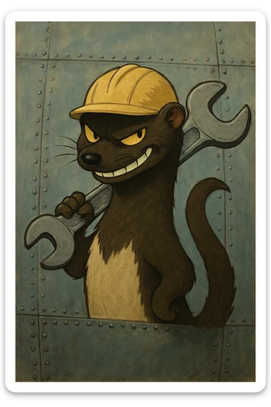 AN ANTHROPOMORPHIC WEASEL WITH A HARDHAT AND A LARGE SPANNER WRENCH - AIRPLANE FUSELAGE nose art 1940s era - he has a very VERY dark and mischevious look in his eye- grinning sticker
