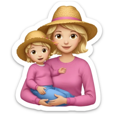 A cheerful wavy short blond hair mom in a straw hat carrying her child, wearing a pink sweater sticker