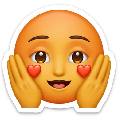 Blushing emoji covering its eyes with its hands. Orange hearts surrounding it  sticker