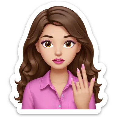 girl with long wavy brown hair, brown eyes, light to medium complexion, in a pink shirt, pink lips, long lashes, puckered lips,  showing  finger nails sticker