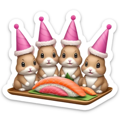 four bunnies together eating sushi at a birthday party, playful, sushi platters, birthday banner sticker