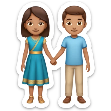 Indian boy and girl holding hands, boy lighter brown, girl medium brown, both children age 5-6, cheerful expressions sticker