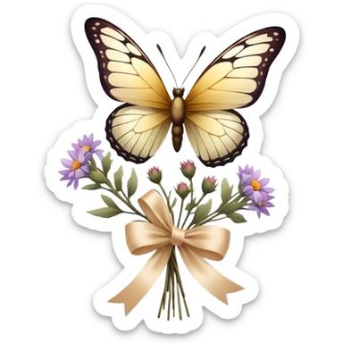 A delicate glass-winged butterfly hovering above a bundle of dried flowers tied with a soft satin bow.
 sticker
