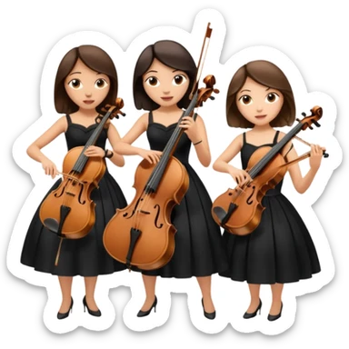 Create an imagine of three brunette women playing string instruments in black dresses, the first is playing a cello, the second is playing a viola and the third is playing the violin sticker