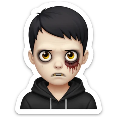 Zombie boy with the short black hair, pale-white skin, black eyes, little fangs and dark circles under his eyes. He has serious face and he wear a black hoodie sticker