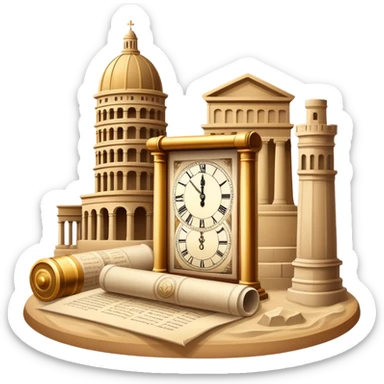 icon featuring ancient scrolls, quill pen with famous historical landmarks and monuments in the background like colliseum. Large, antique sand clocks with sand pouring out represent the passage of time. Historical figures are depicted as statues. Transparent background. sticker