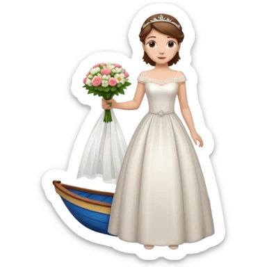 Chica blanca,cuerpo entero, vestido boda cuello barco y , pelo castaño,   1 ramo de flores , pelo recogido con tiara añadido en la parte de atrás del vestido sticker