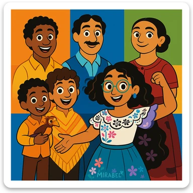 Edit the Encanto family portrait to remove Bruno, keep the rest of the family together, vibrant cartoon style, no Bruno, keep background and magical atmosphere. sticker