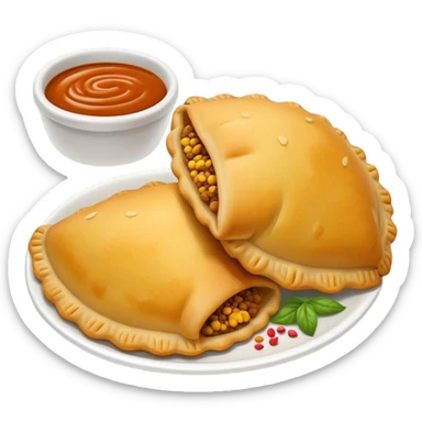 Cinematic Realistic Colombian Cornmeal Empanadas Emoji, showcasing the golden, crispy shell filled with savory meats and spices, served with a side of aji dipping sauce, rendered with vibrant textures and warm, inviting lighting. sticker