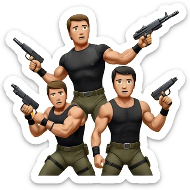 Icon for Action Movie Poster: Close-up collage of Arnold Schwarzenegger in 'Commando' and Sylvester Stallone in 'Rambo,' each in dynamic action poses, surrounded by intense explosions, dramatic lighting, and iconic weapons. Designed like a vintage movie poster. Transparent background. sticker