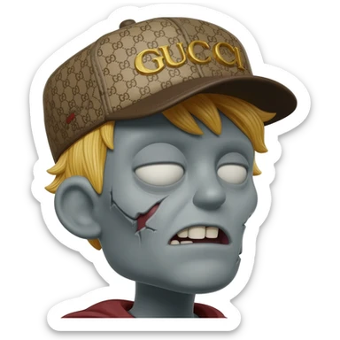cor de pele cinza, zumbi com o cabelo loiro e um boné da gucci virado de lado sticker