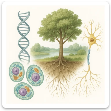 A realistic biological illustration (like in a school book) showing: DNA strands transitioning into a tree, cells with visible organelles, neurons connected to plant roots  and a balanced ecosystem background . Seamless integration, no labels or borders, white background, detailed but minimalist.  sticker