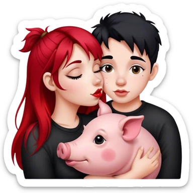 Girl with split dye black and red hair split dyed down the middle. She is kissing a cute pig  sticker