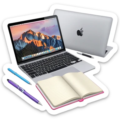 top view of a MacBook and a notebook with a pen nearby, notebook with visible notes sticker