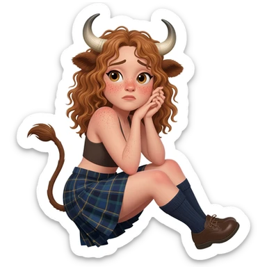 shy buff curly woman with frecles with light brown messy hair touches her long brown cow tail with both hands with strong fat thights with cow horns and cow brown ears with big butt in a short scottish kilt and with knee socks and shoes crossed legs very shy expression sticker