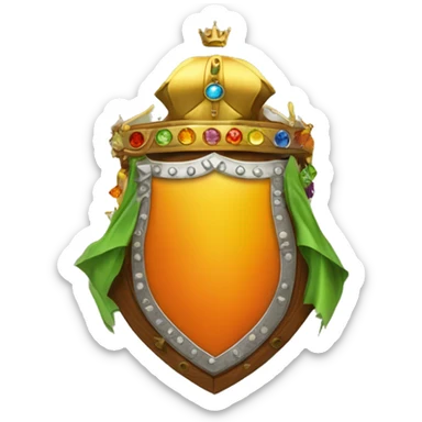 Flag: white left, orange right. Center: shield with golden crown, colorful gems. Shield: golden border, yellow background. Creature: lion upper, brown; dragon lower, green scales. sticker