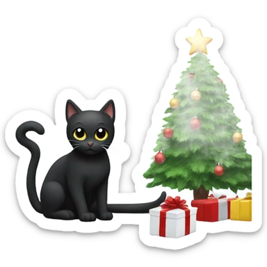 Black cat next to a white Christmas tree sticker