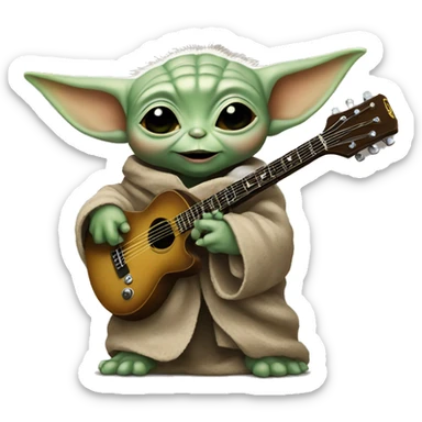 Baby Yoda holds a rock guitar sticker
