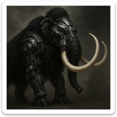 bionic mammoth with black fur and white tusks, in a striking, detailed style sticker
