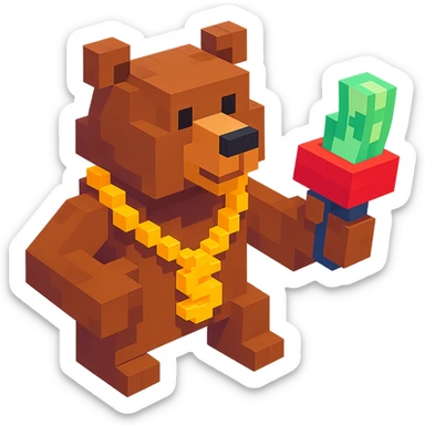Russian grizzly bear in a rapper pose, wearing a gold chain and holding a money gun sticker