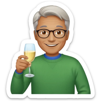 a happy, vibrant healthy man 60ish with a glass of champagne wearing a sweater sticker