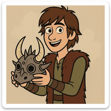 The main character from How to Train Your Dragon, a young Viking boy with brown hair, holding a dragon helmet, smiling, animated style sticker