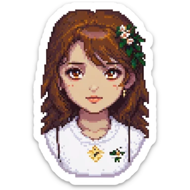 Change the girl's eyes to a rich brown color, keep the pixel art style and the cozy indoor background. sticker