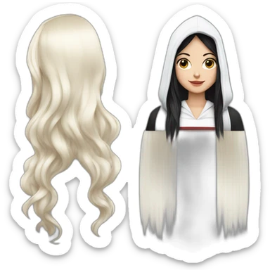 White girl long straight black hair with white streak hair and red ridding hood sticker
