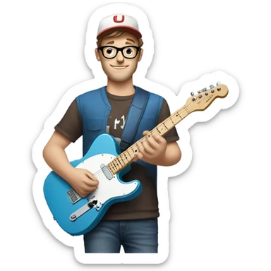 A nerdy white guy with glasses with short brown hair wearing a baseball cap playing a blue classic telescaster sticker