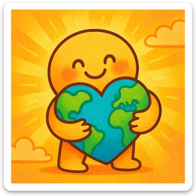 a cute figure hugging a heart-shaped globe, cheerful and warm, bright and joyful colors sticker