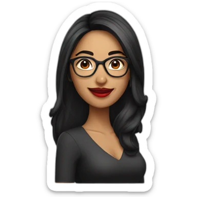 an Indian female with long black hair with glasses smiling and red lipstick on sticker