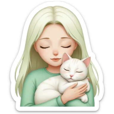 a closing eyes girl hugs a white jinjila cat,the cat’s eyes are open and green  sticker