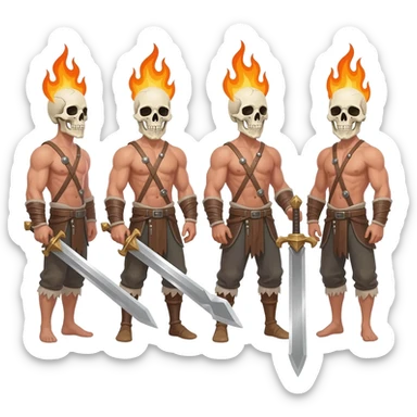 A 4 stage sprite sheet of a man with a burning skull head, show the 4 stages of him attacking with his large sword, shirtless, full body  right sticker