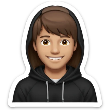 20 yr old man, brown hair, straight, big smile, white teeth, tanned skin, bangs, black hooded sweatshirt, long hair in back, middle parted bangs sticker