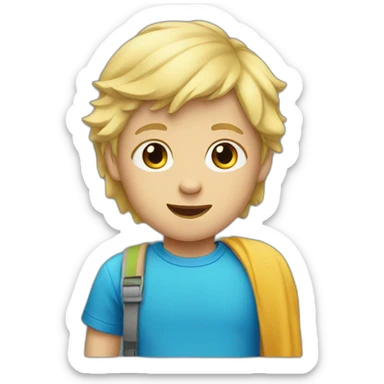 A child with blond hair and a blue T-shirt sticker