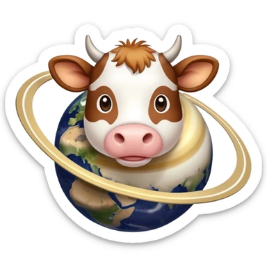 A cute cow with its head and front legs attached to the planet Saturn as its body, with Saturn's distinctive rings circling around the middle sticker