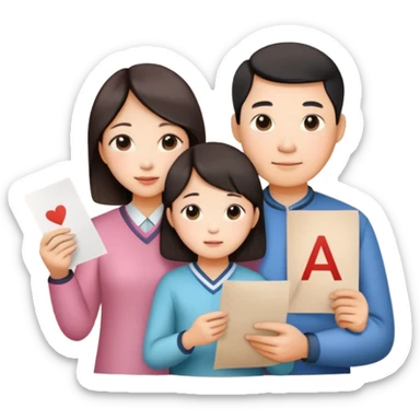 una madre y un padre chinos con su hija la cual tiene un papel con un A+ en la mano sticker