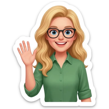 green shirt hand in the air woman with long curly blonde hair an glasses sticker
