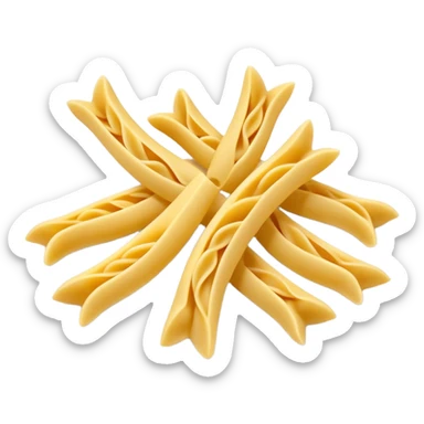 group of dry pasta pieces (penne, fusilli, farfalle), 3 to 5, smooth matte texture, pale yellow color, clean and dry, curved or twisted, 3D clean style sticker