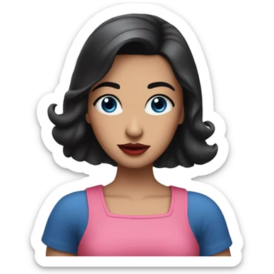 A girl with black hairand blue eyes and red lips and pink top and blue skirt sticker